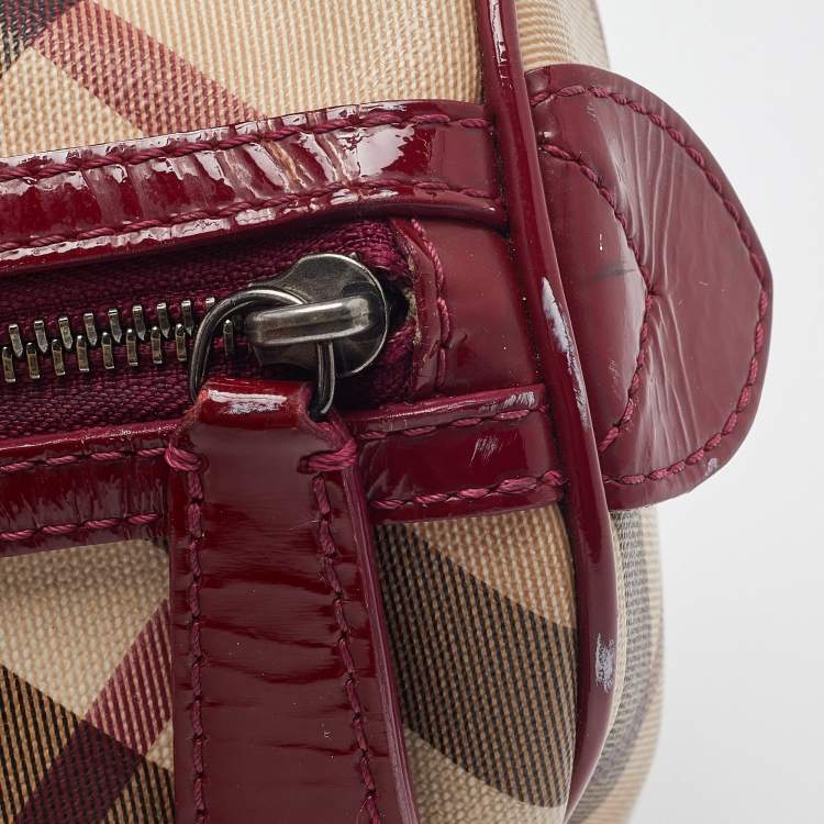 Pre Owned Burberry Red Nova Check PVC and Patent Leather Chester Boston Bag