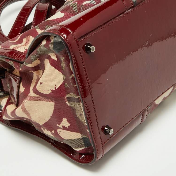 Pre Owned Burberry Red House Check PVC and Patent Leather Hearts Pilgrim Satchel