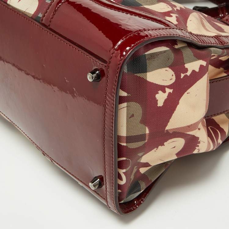 Pre Owned Burberry Red House Check PVC and Patent Leather Hearts Pilgrim Satchel