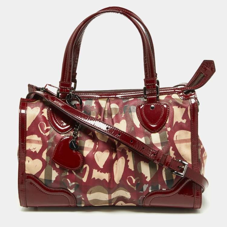 Pre Owned Burberry Red House Check PVC and Patent Leather Hearts Pilgrim Satchel