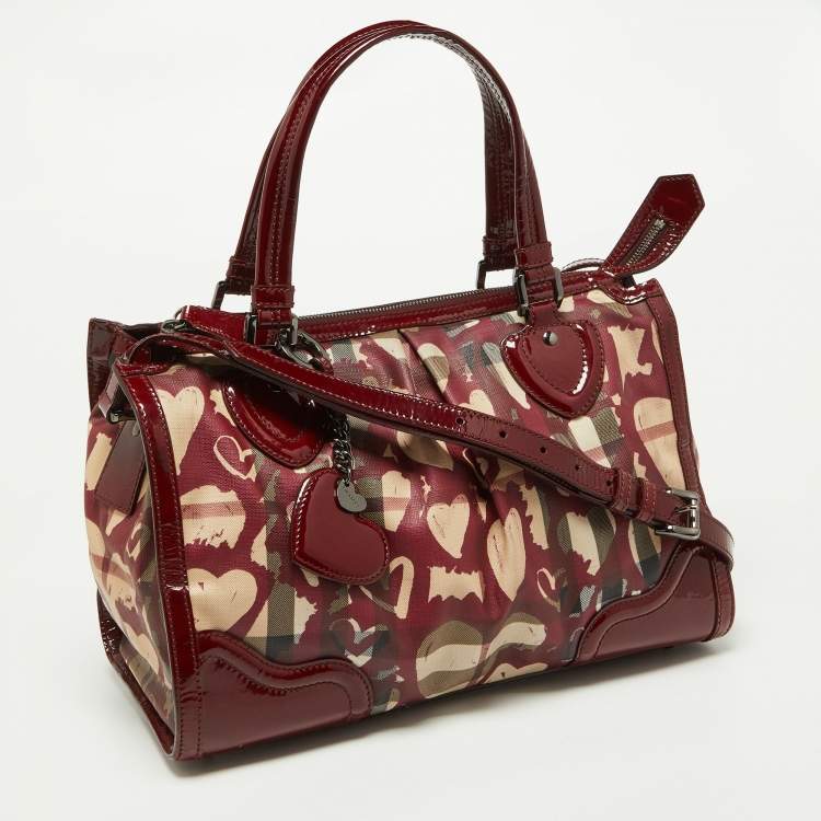 Pre Owned Burberry Red House Check PVC and Patent Leather Hearts Pilgrim Satchel