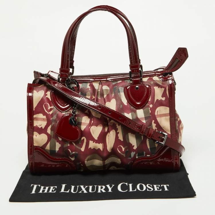 Pre Owned Burberry Red House Check PVC and Patent Leather Hearts Pilgrim Satchel