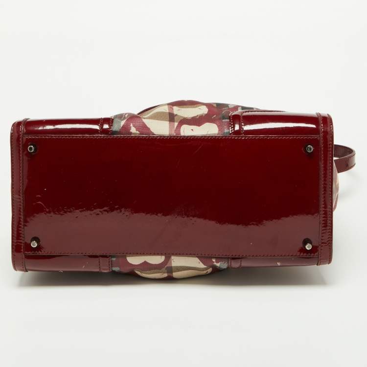 Pre Owned Burberry Red House Check PVC and Patent Leather Hearts Pilgrim Satchel