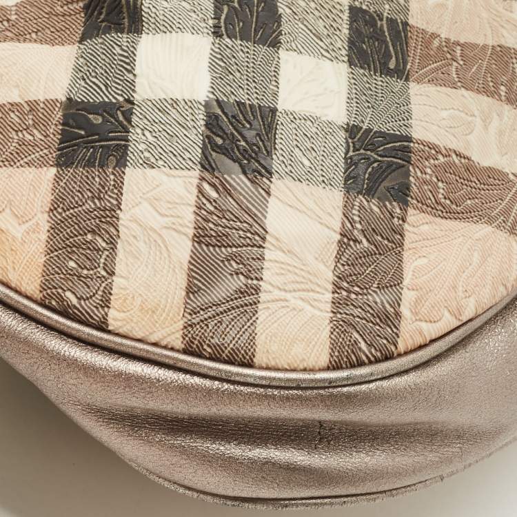 Pre Owned Burberry Silver/Beige Floral Embossed Supernova Check PVC and Leather Small Brooklyn Hobo