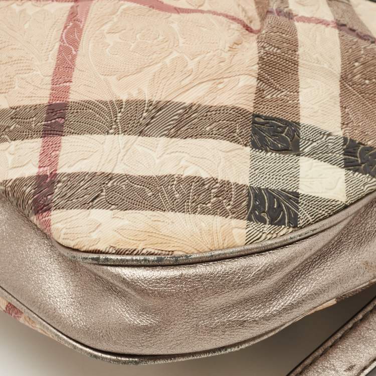 Pre Owned Burberry Silver/Beige Floral Embossed Supernova Check PVC and Leather Small Brooklyn Hobo
