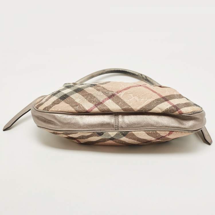 Pre Owned Burberry Silver/Beige Floral Embossed Supernova Check PVC and Leather Small Brooklyn Hobo