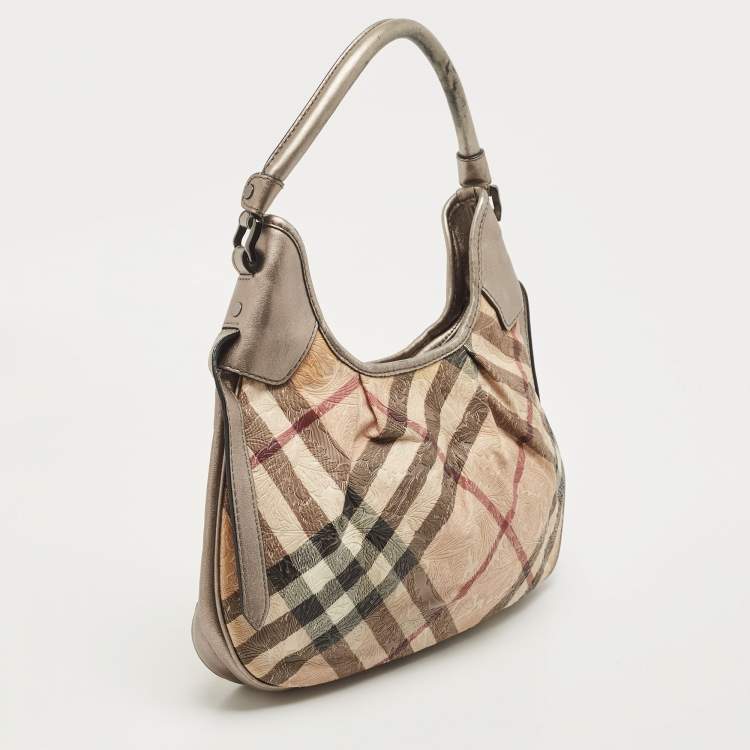 Pre Owned Burberry Silver/Beige Floral Embossed Supernova Check PVC and Leather Small Brooklyn Hobo