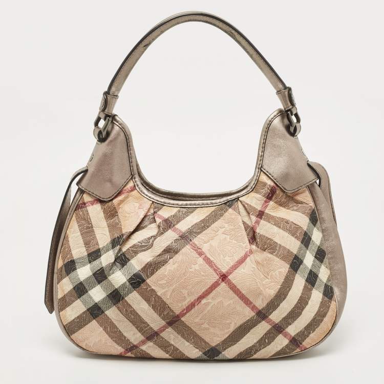 Pre Owned Burberry Silver/Beige Floral Embossed Supernova Check PVC and Leather Small Brooklyn Hobo
