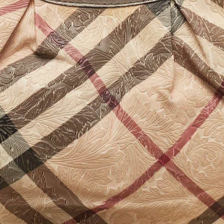 Pre Owned Burberry Silver/Beige Floral Embossed Supernova Check PVC and Leather Small Brooklyn Hobo