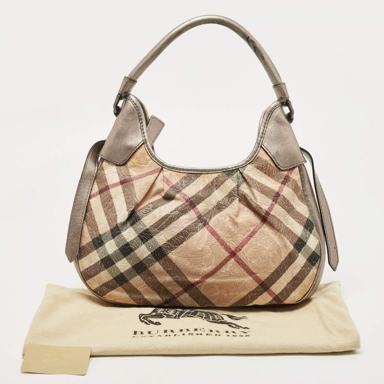 Pre Owned Burberry Silver/Beige Floral Embossed Supernova Check PVC and Leather Small Brooklyn Hobo