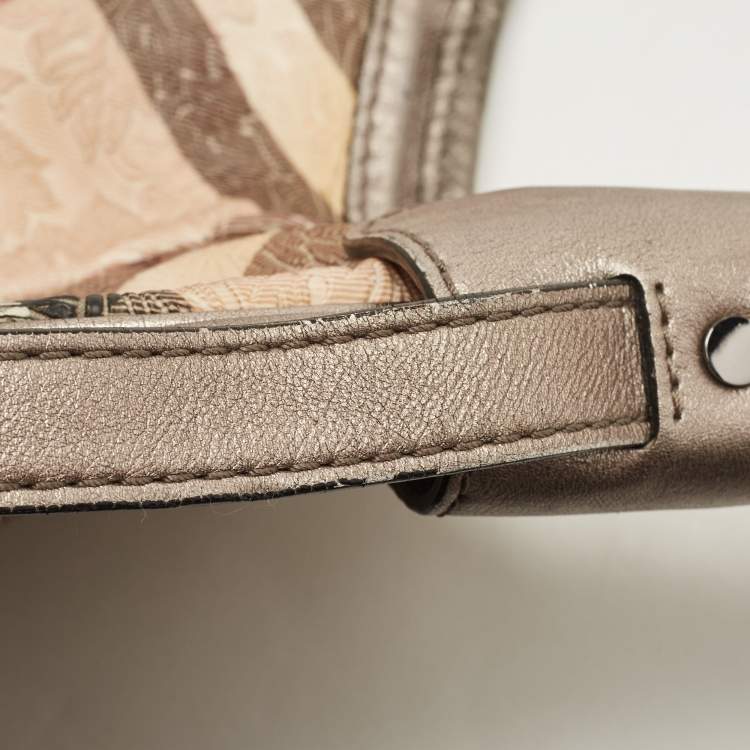 Pre Owned Burberry Silver/Beige Floral Embossed Supernova Check PVC and Leather Small Brooklyn Hobo