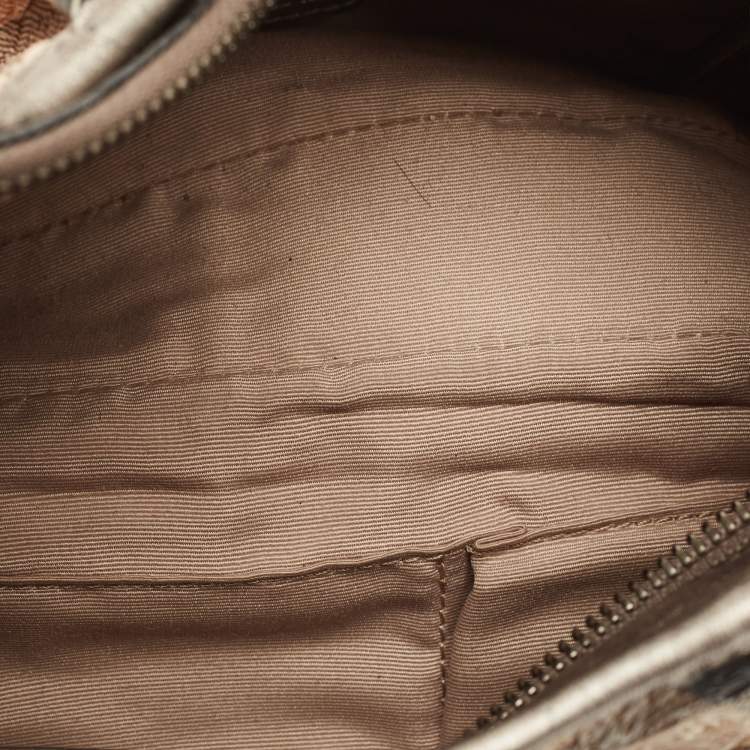 Pre Owned Burberry Silver/Beige Floral Embossed Supernova Check PVC and Leather Small Brooklyn Hobo