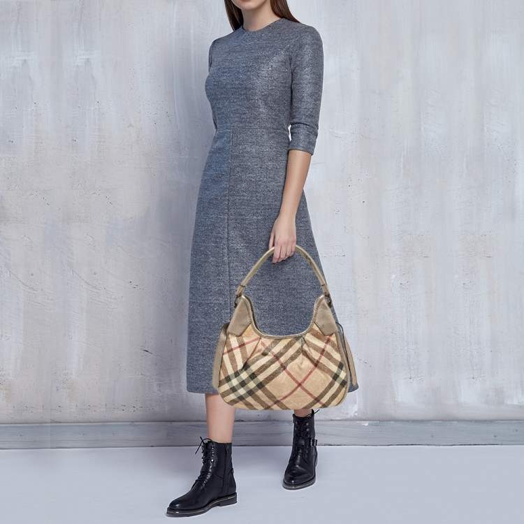 Pre Owned Burberry Silver/Beige Floral Embossed Supernova Check PVC and Leather Small Brooklyn Hobo