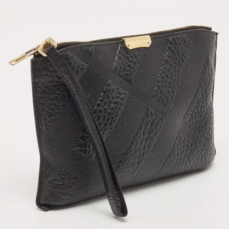 Pre Owned Burberry Black Grained Leather Wristlet Pouch  