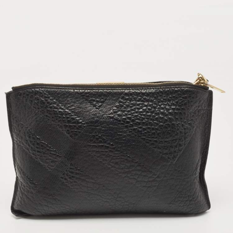 Pre Owned Burberry Black Grained Leather Wristlet Pouch  