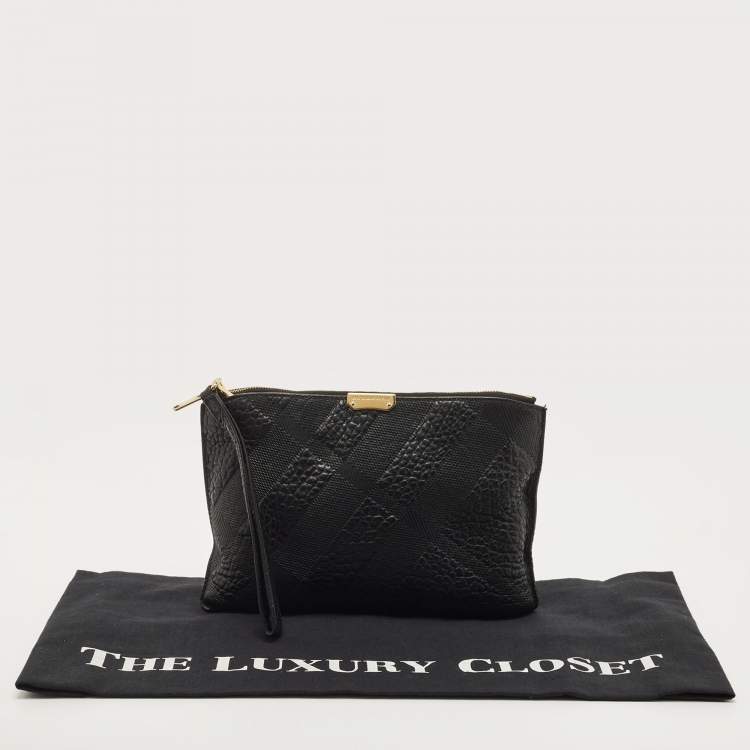 Pre Owned Burberry Black Grained Leather Wristlet Pouch  