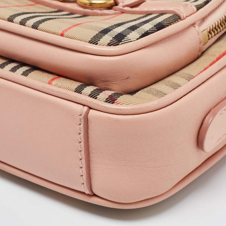 Pre Owned Burberry Beige/Pink 1983 Knight Check Canvas and Leather Link Camera Bag