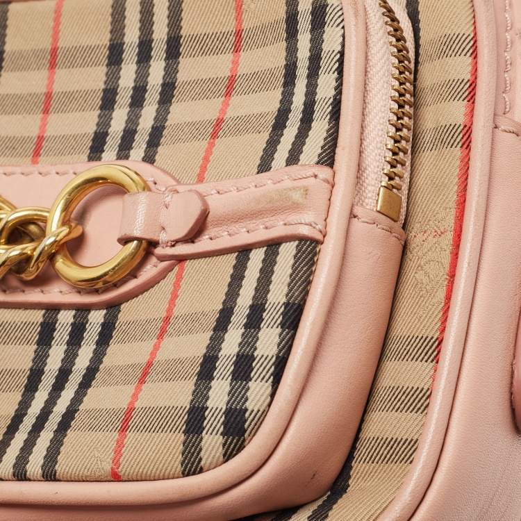 Pre Owned Burberry Beige/Pink 1983 Knight Check Canvas and Leather Link Camera Bag