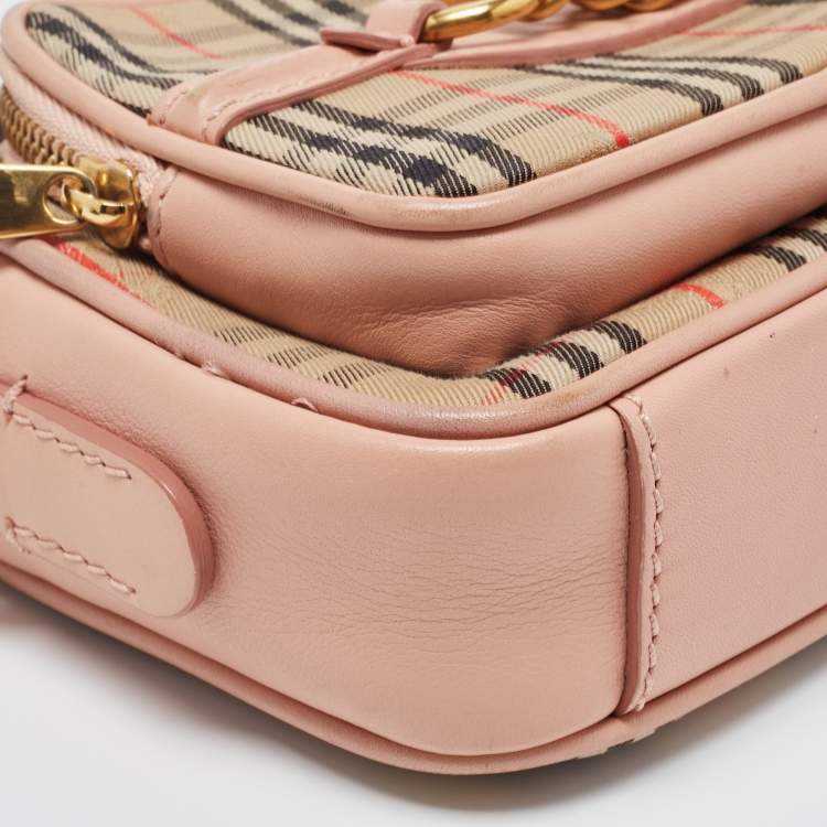 Pre Owned Burberry Beige/Pink 1983 Knight Check Canvas and Leather Link Camera Bag