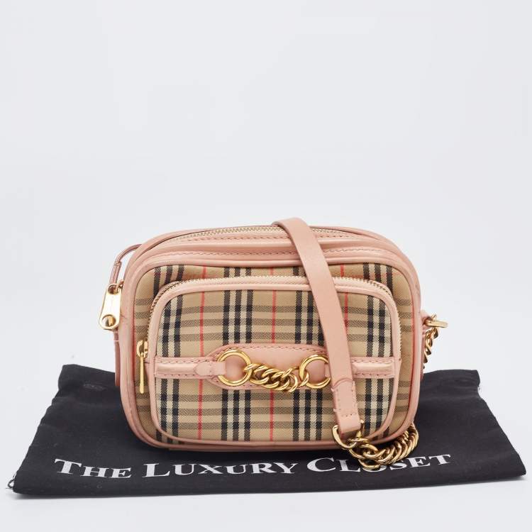 Pre Owned Burberry Beige/Pink 1983 Knight Check Canvas and Leather Link Camera Bag