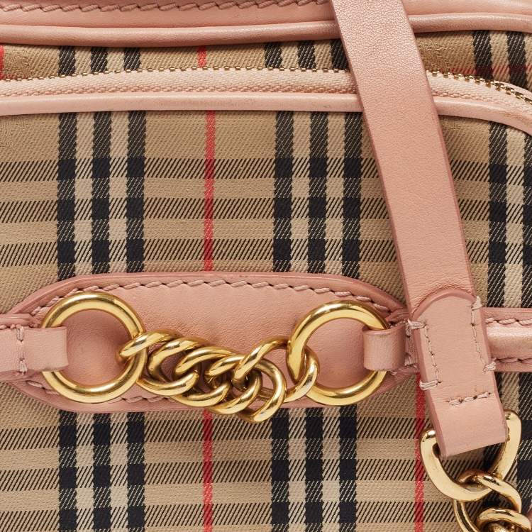 Pre Owned Burberry Beige/Pink 1983 Knight Check Canvas and Leather Link Camera Bag
