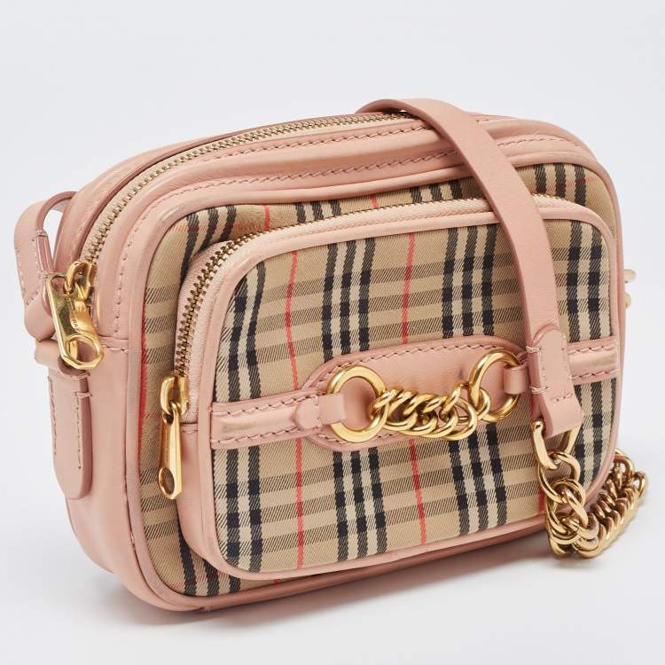 Pre Owned Burberry Beige/Pink 1983 Knight Check Canvas and Leather Link Camera Bag