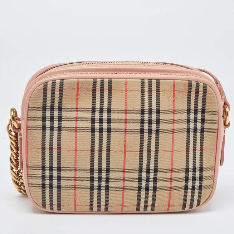 Pre Owned Burberry Beige/Pink 1983 Knight Check Canvas and Leather Link Camera Bag