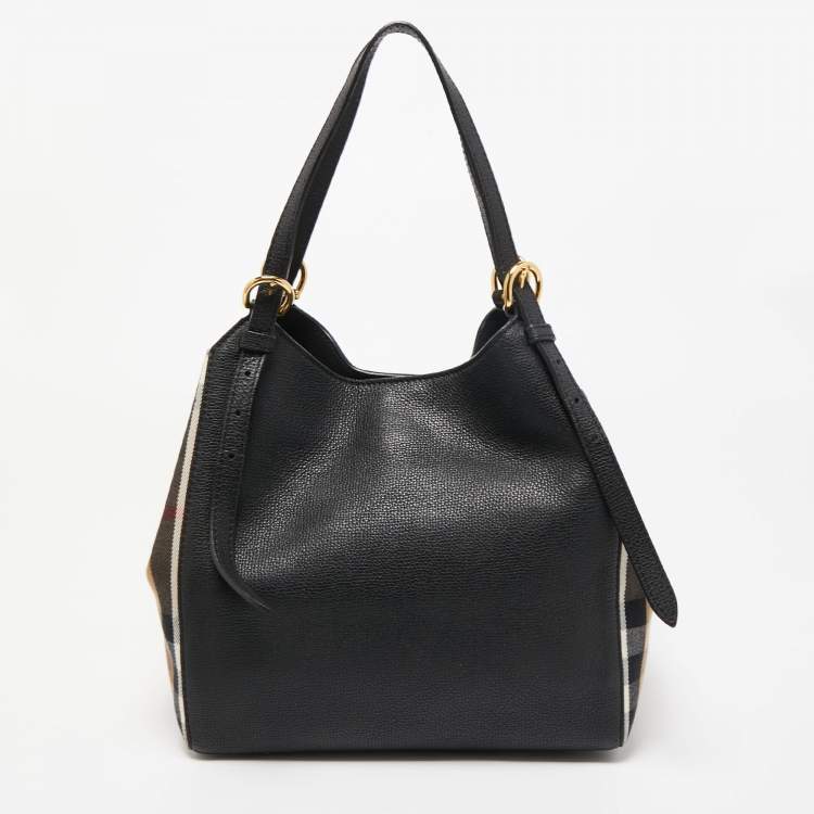 Pre Owned Burberry Black Leather and House Check Fabric Small Canterbury Tote
