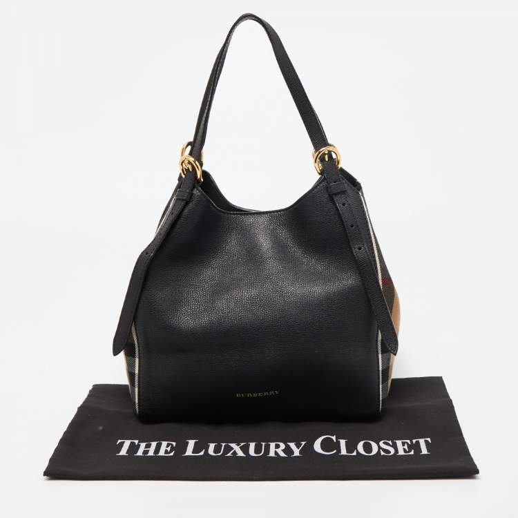 Pre Owned Burberry Black Leather and House Check Fabric Small Canterbury Tote