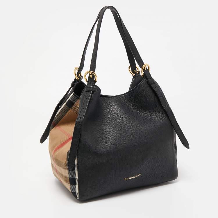 Pre Owned Burberry Black Leather and House Check Fabric Small Canterbury Tote