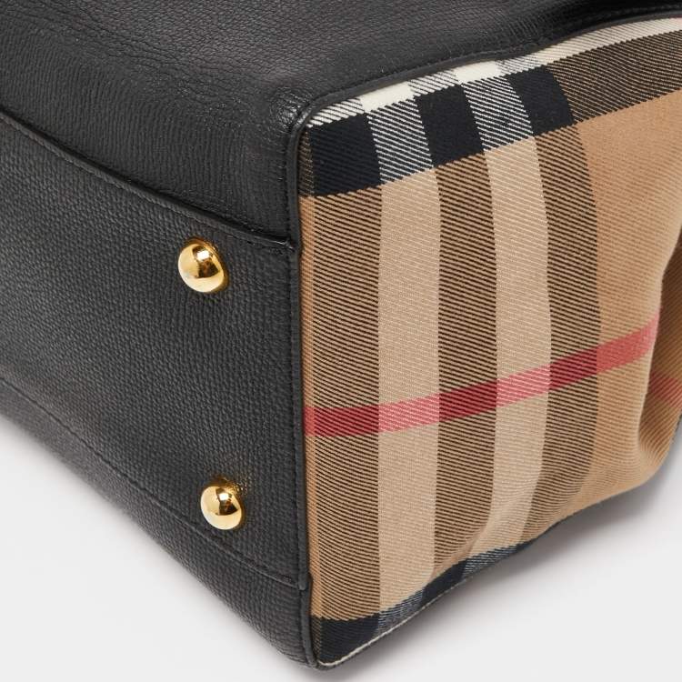 Pre Owned Burberry Black Leather and House Check Fabric Small Canterbury Tote