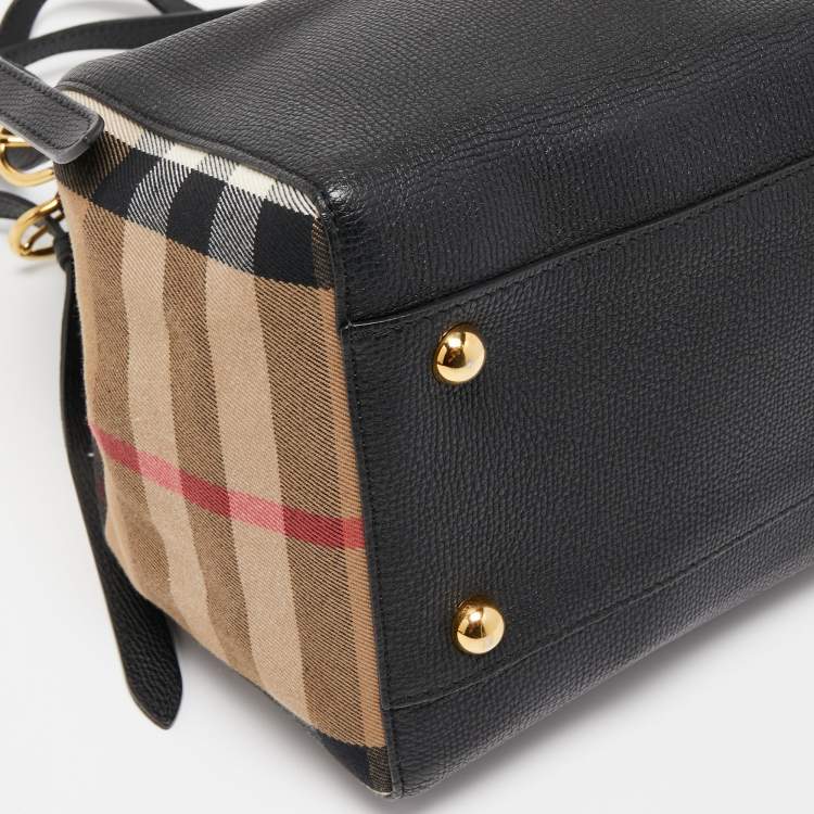 Pre Owned Burberry Black Leather and House Check Fabric Small Canterbury Tote
