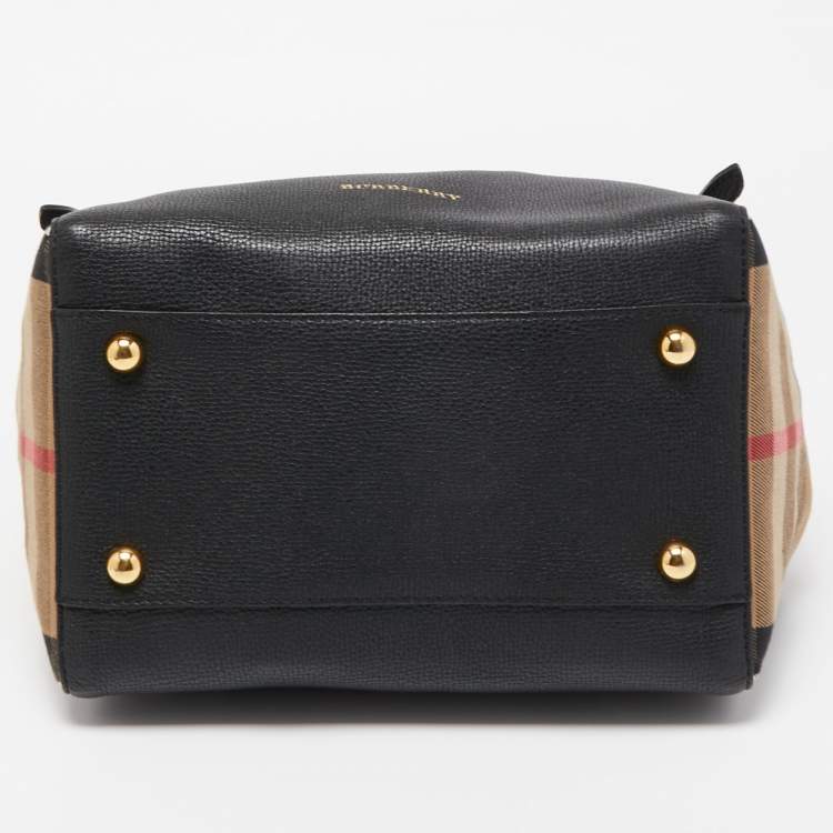 Pre Owned Burberry Black Leather and House Check Fabric Small Canterbury Tote