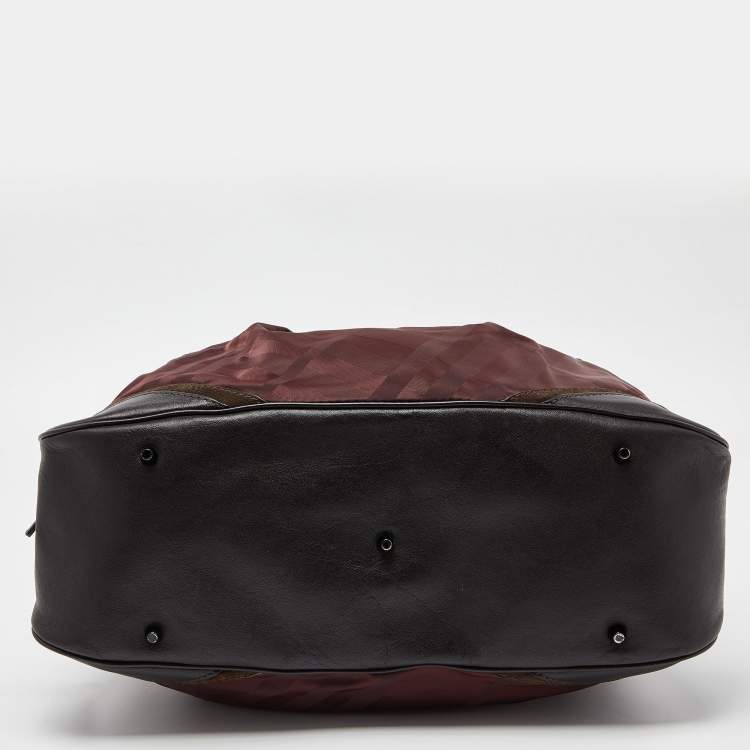 Pre Owned Burberry Burgundy/Brown Check Nylon and Leather Double Zip Satchel