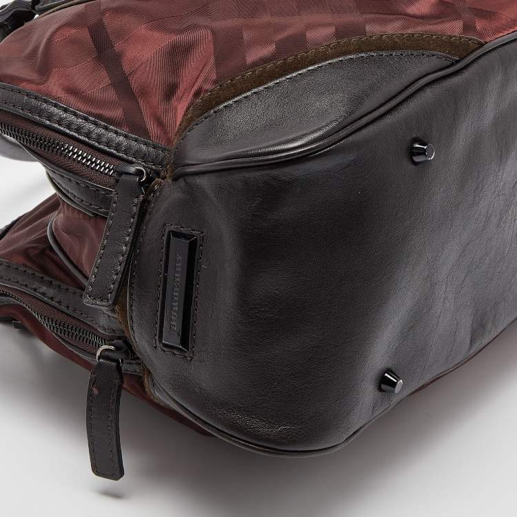 Pre Owned Burberry Burgundy/Brown Check Nylon and Leather Double Zip Satchel