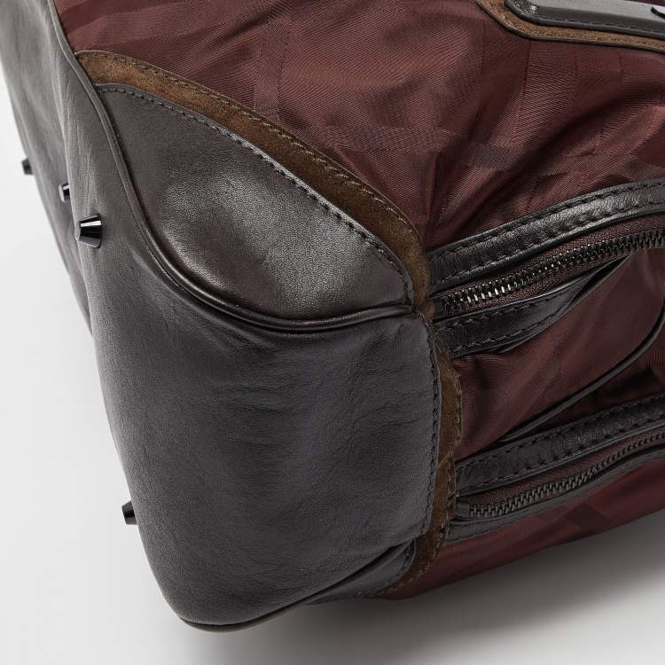 Pre Owned Burberry Burgundy/Brown Check Nylon and Leather Double Zip Satchel