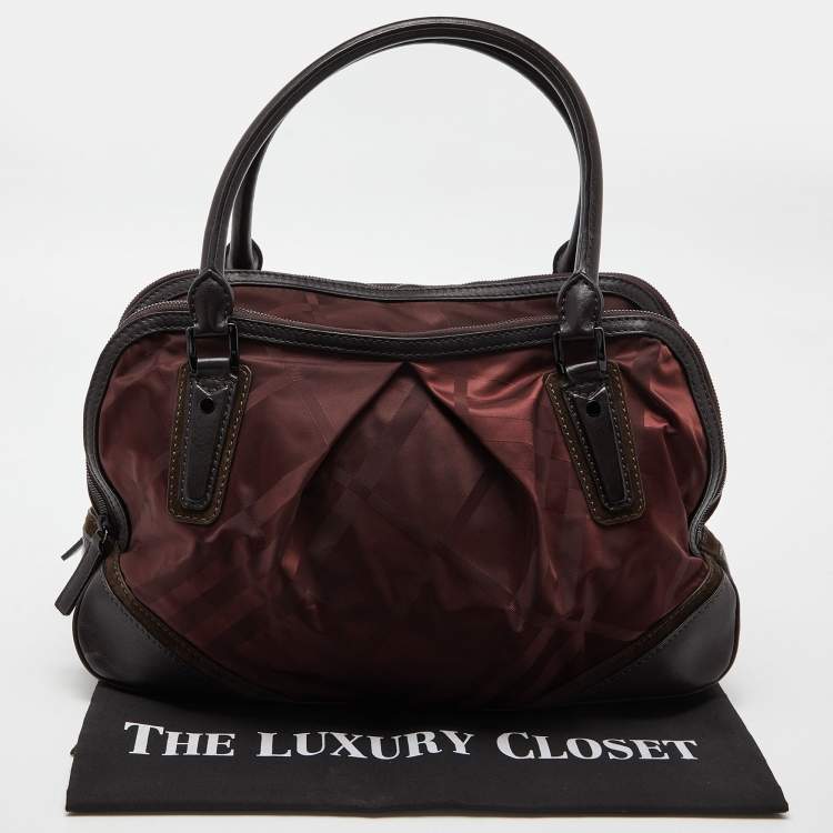Pre Owned Burberry Burgundy/Brown Check Nylon and Leather Double Zip Satchel