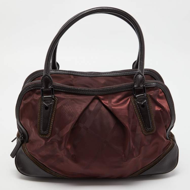 Pre Owned Burberry Burgundy/Brown Check Nylon and Leather Double Zip Satchel