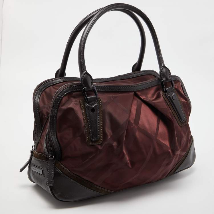 Pre Owned Burberry Burgundy/Brown Check Nylon and Leather Double Zip Satchel
