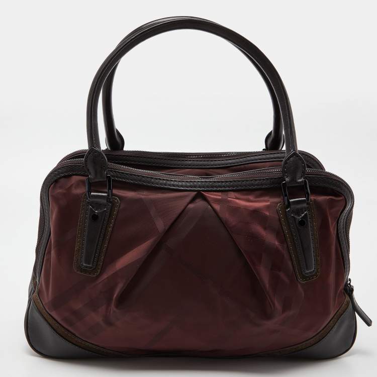 Pre Owned Burberry Burgundy/Brown Check Nylon and Leather Double Zip Satchel