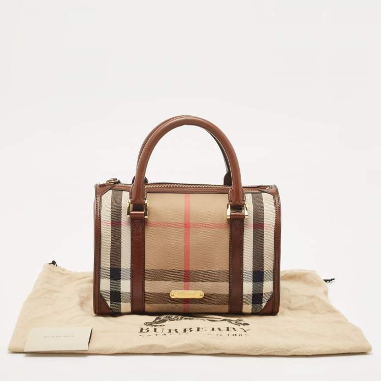 Pre Owned Burberry Brown House Check Canvas and Leather Small Chester Bowler Bag