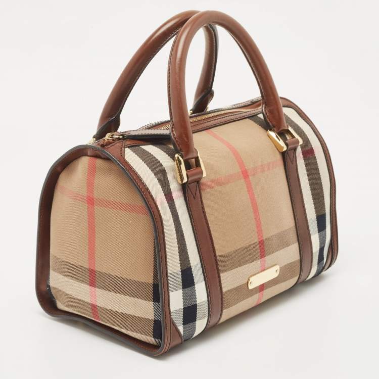 Pre Owned Burberry Brown House Check Canvas and Leather Small Chester Bowler Bag