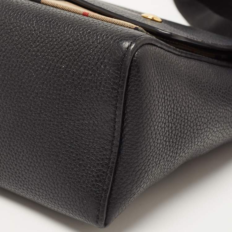 Pre Owned Burberry Black/Beige Check Canvas and Leather Note Shoulder Bag