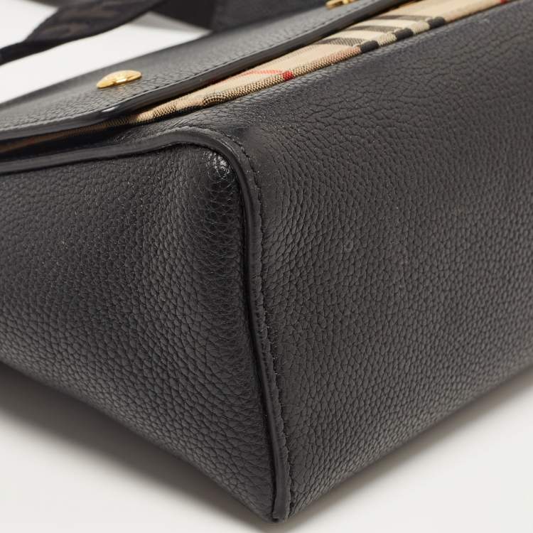 Pre Owned Burberry Black/Beige Check Canvas and Leather Note Shoulder Bag
