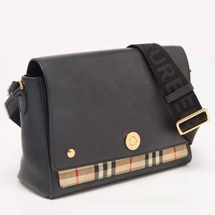 Pre Owned Burberry Black/Beige Check Canvas and Leather Note Shoulder Bag