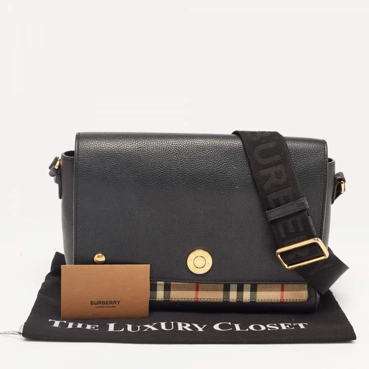 Pre Owned Burberry Black/Beige Check Canvas and Leather Note Shoulder Bag