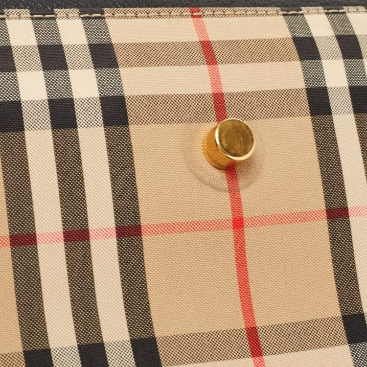 Pre Owned Burberry Black/Beige Check Canvas and Leather Note Shoulder Bag