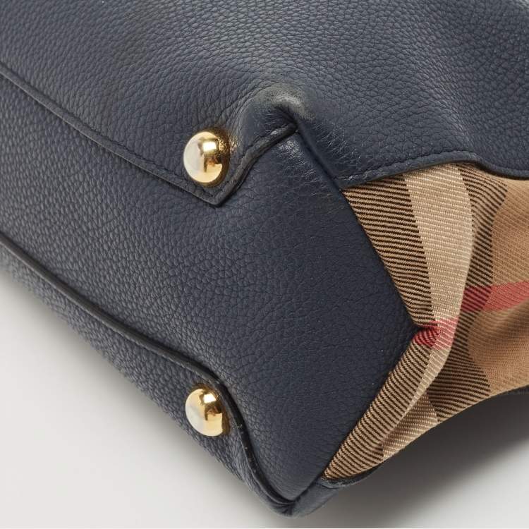 Pre Owned Burberry Navy Blue/Beige House Check Fabric and Leather Small Banner Tote