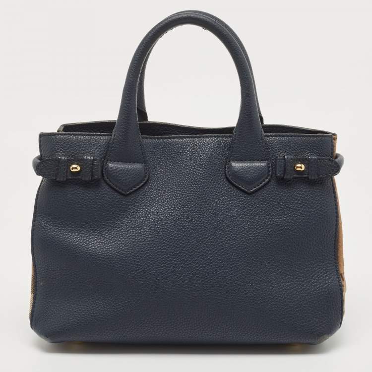 Pre Owned Burberry Navy Blue/Beige House Check Fabric and Leather Small Banner Tote