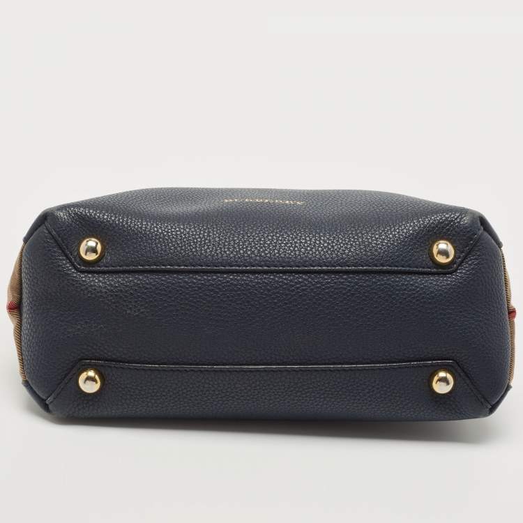 Pre Owned Burberry Navy Blue/Beige House Check Fabric and Leather Small Banner Tote